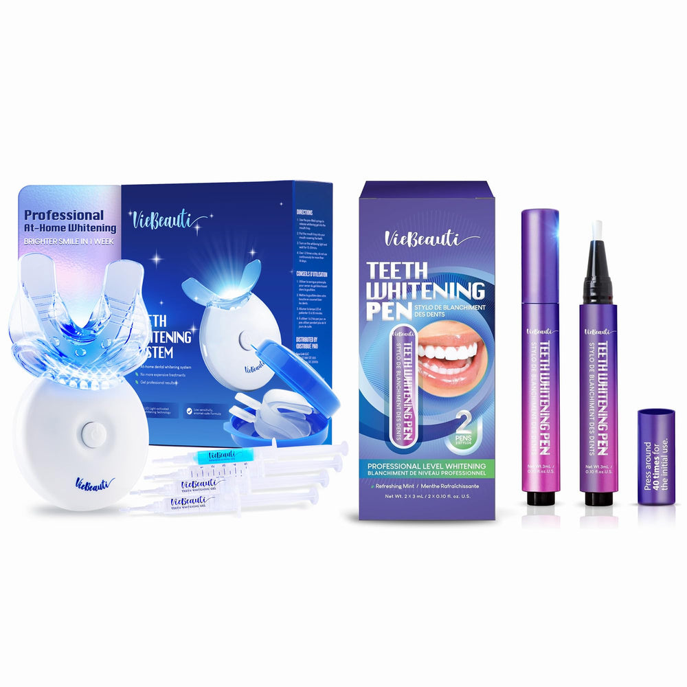 VieBeauti teeth whitening kit with LED light and gel syringes