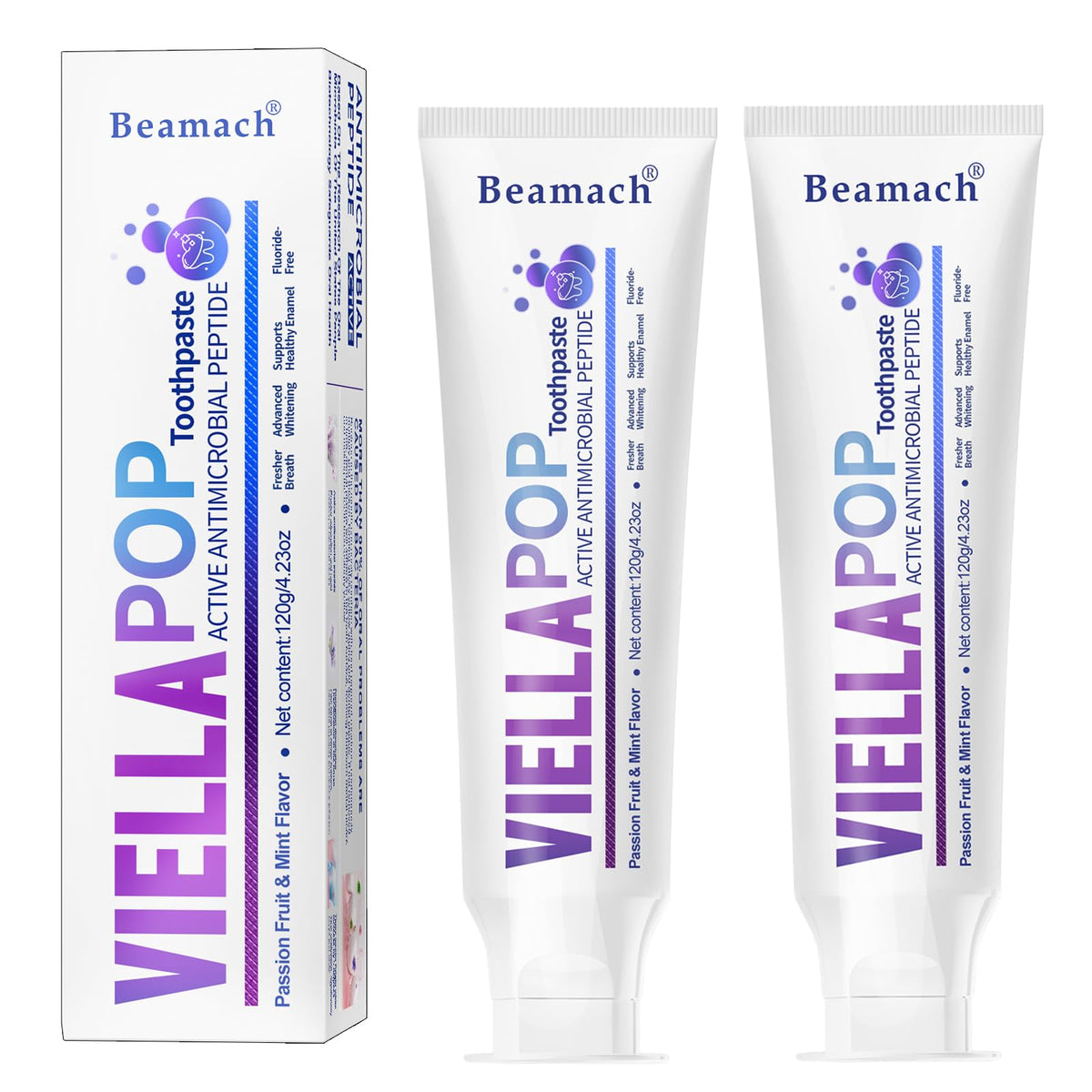 VIELLA POP Antimicrobial Peptide Whitening Toothpaste bottle with purple toothpaste