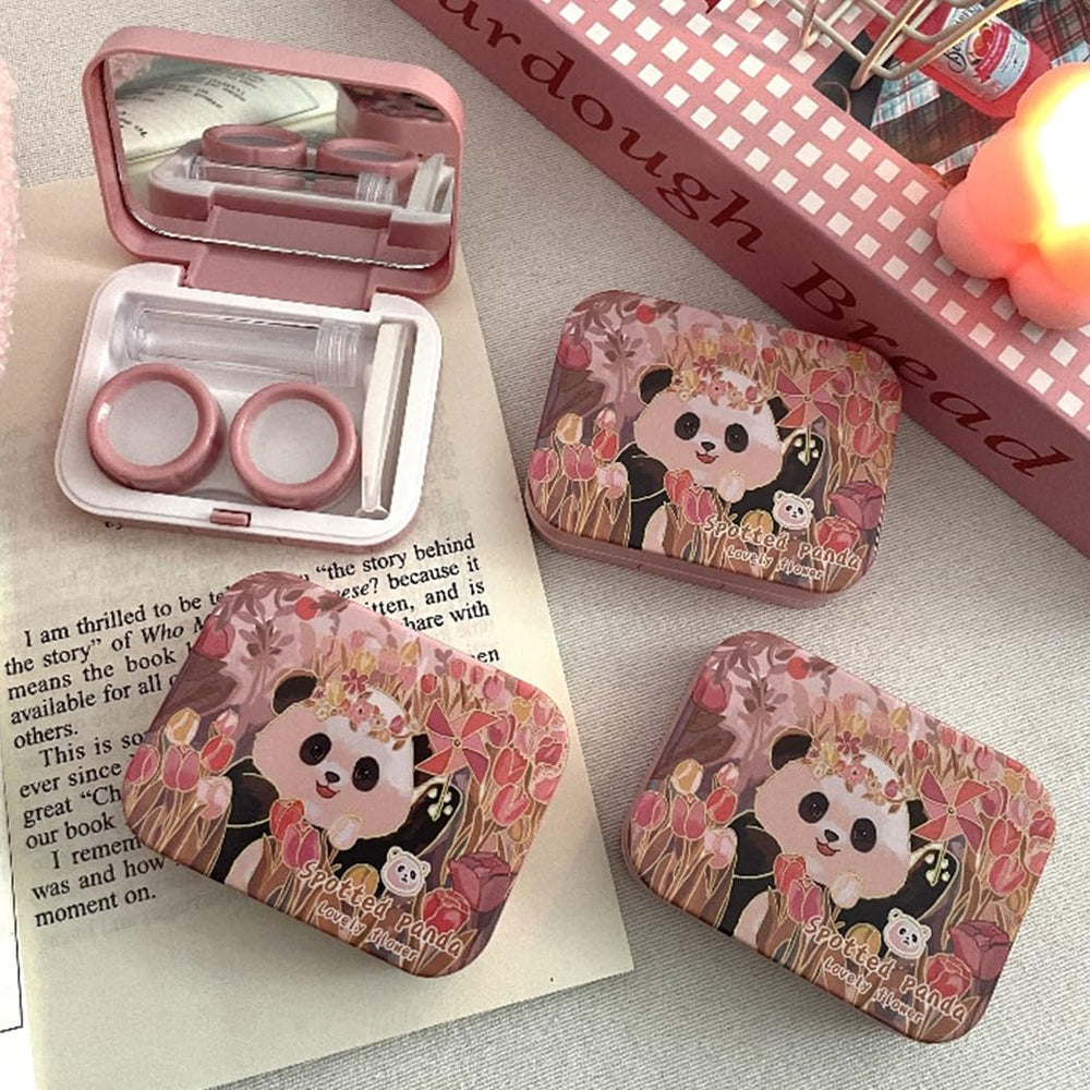 Close-up showing panda and rabbit design on lens case