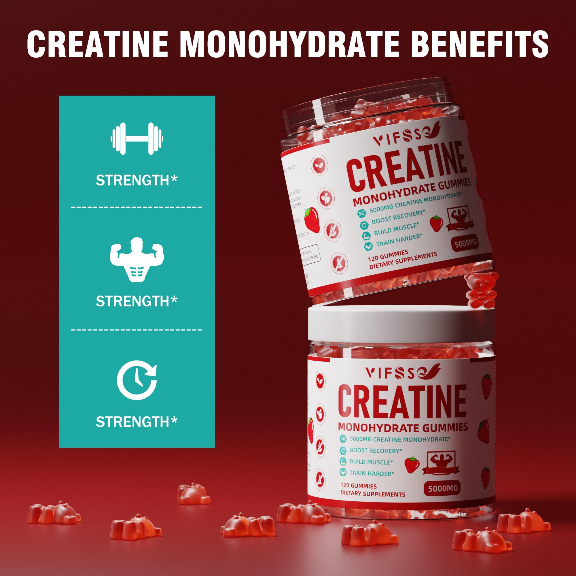 Graphic showing 5 g of creatine per serving in gummies