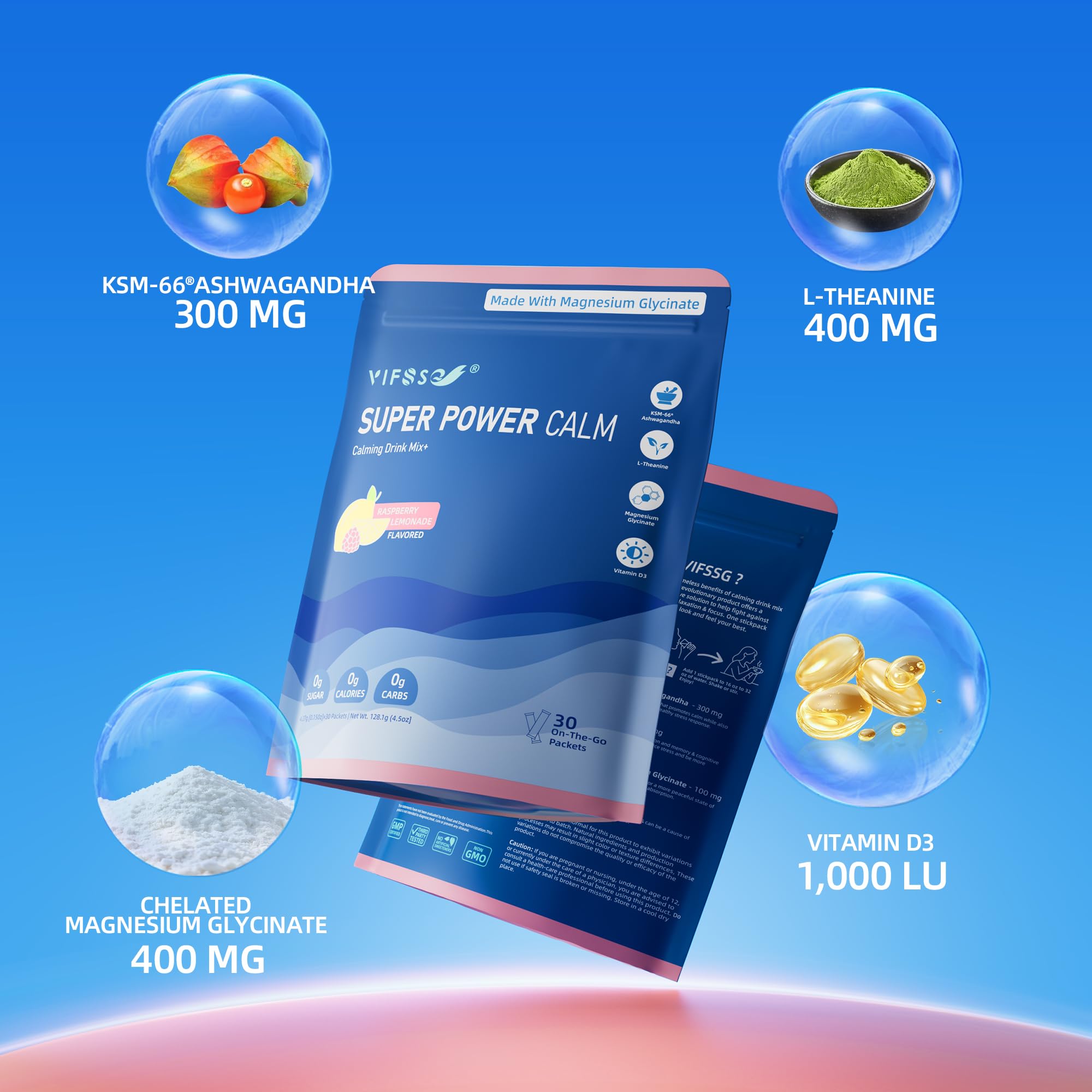 L-Theanine, KSM-66 Ashwagandha, Magnesium Glycinate, and Vitamin D3 ingredients