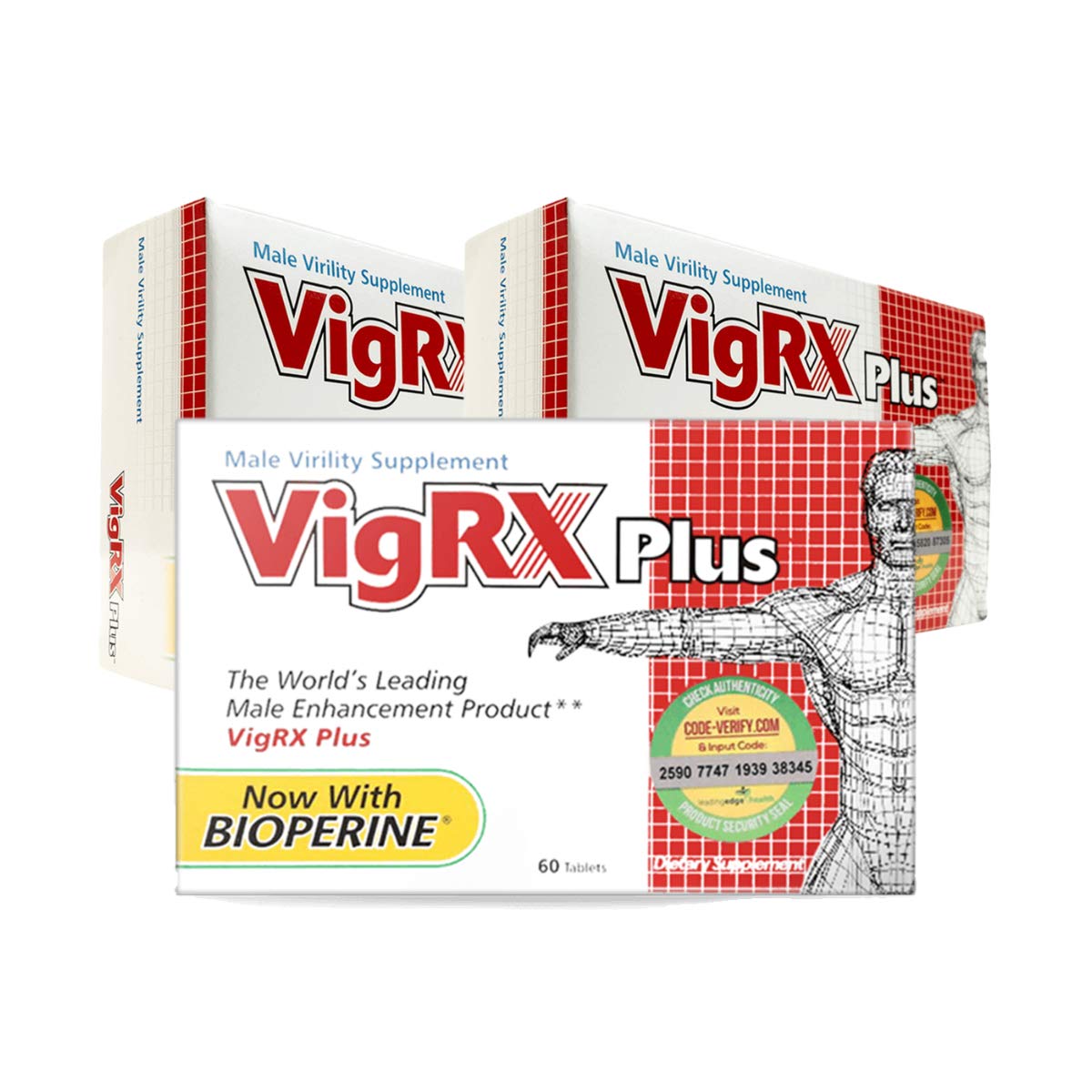 Front view of VigRX Plus 3-box set with 60 tablets per box