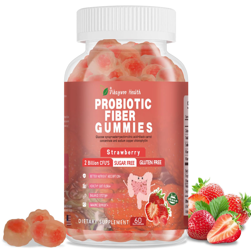 Front view of Vikaywoo Probiotic Fiber Gummies bottle with strawberry flavor