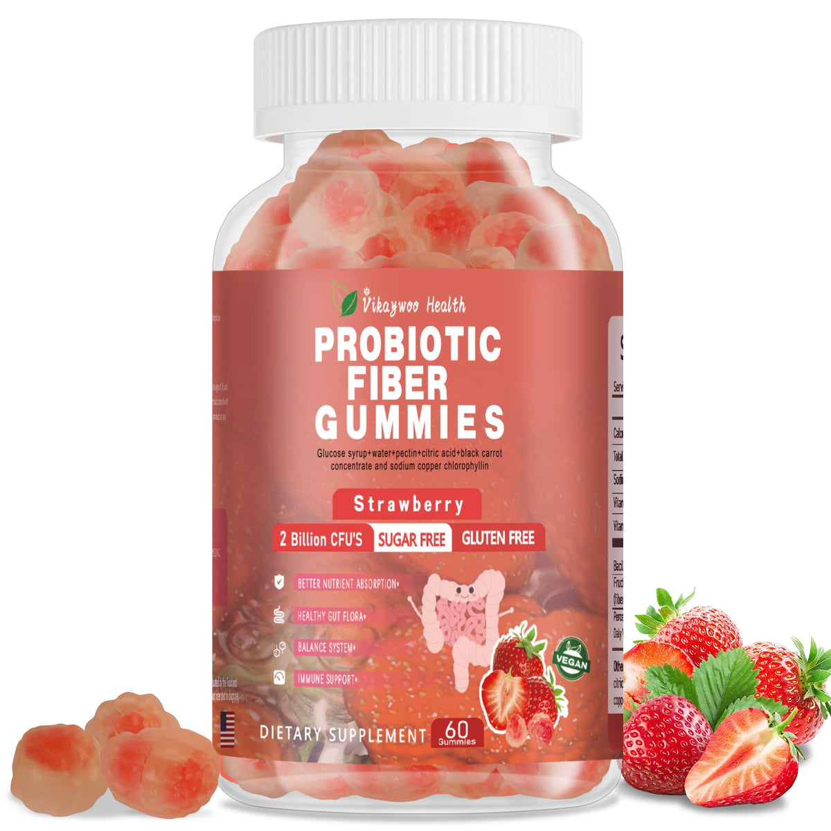 Front view of Vikaywoo Probiotic Fiber Gummies bottle with strawberry flavor