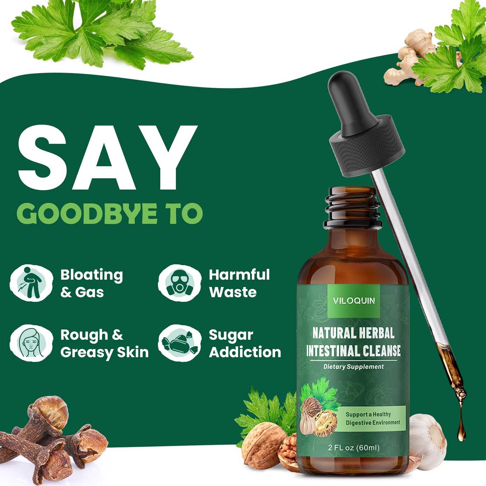 Herbal ingredients: black walnut, wormwood, oregano oil, garlic