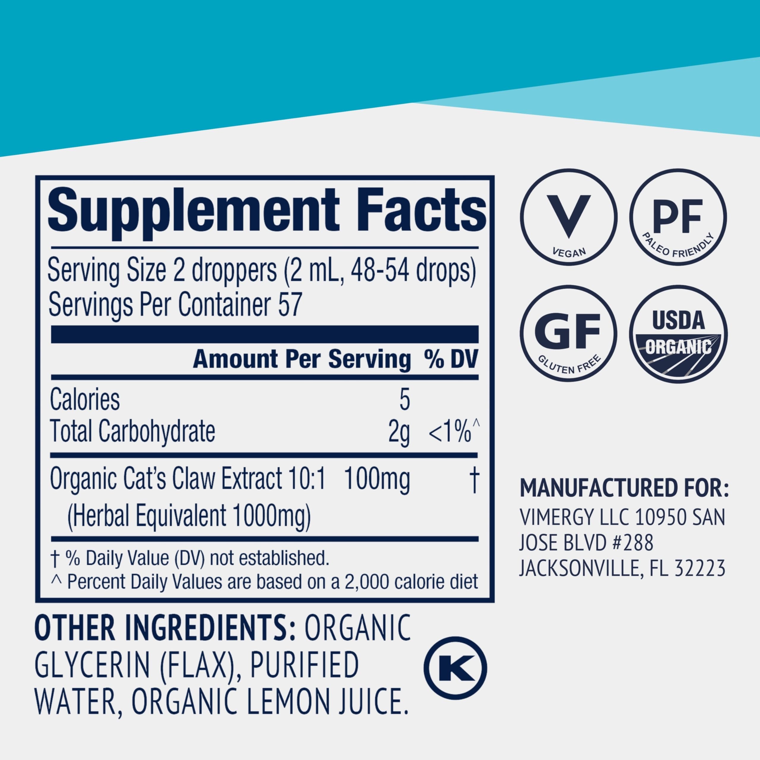 Vimergy Cat's Claw Liquid packaging and 115 mL bottle