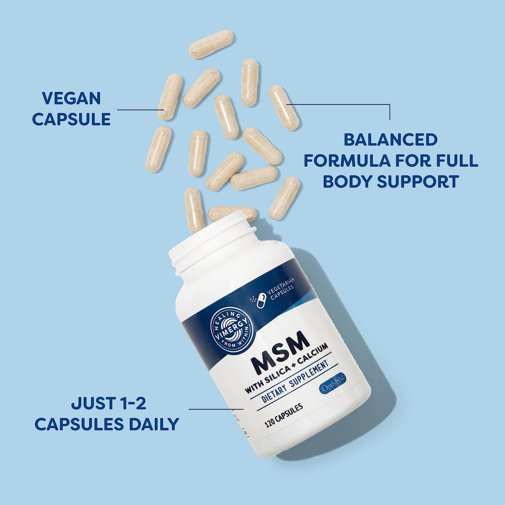 MSM capsules with silica and calcium on white background
