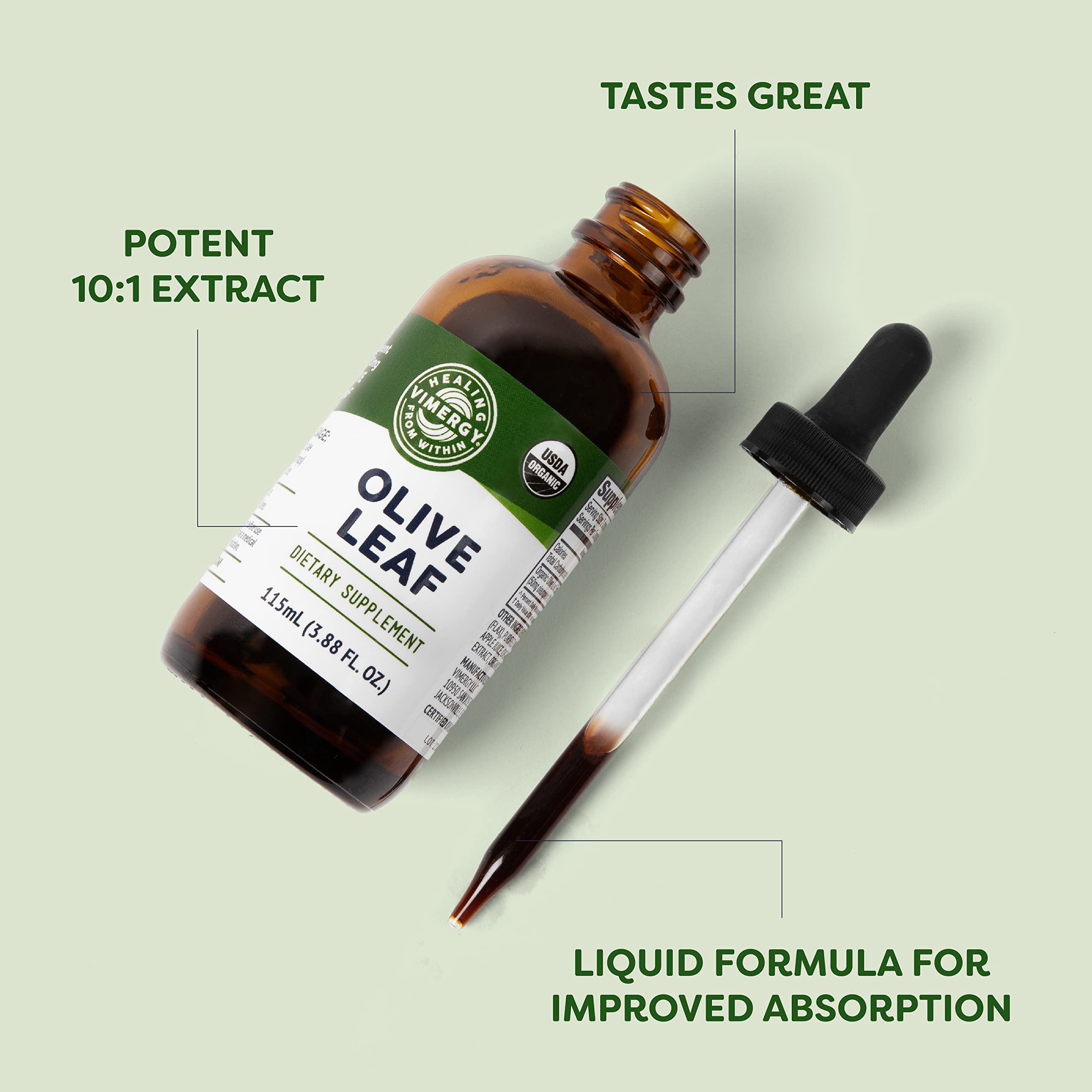 Close-up of Vimergy Olive Leaf Liquid label showing USDA Organic and gluten-free