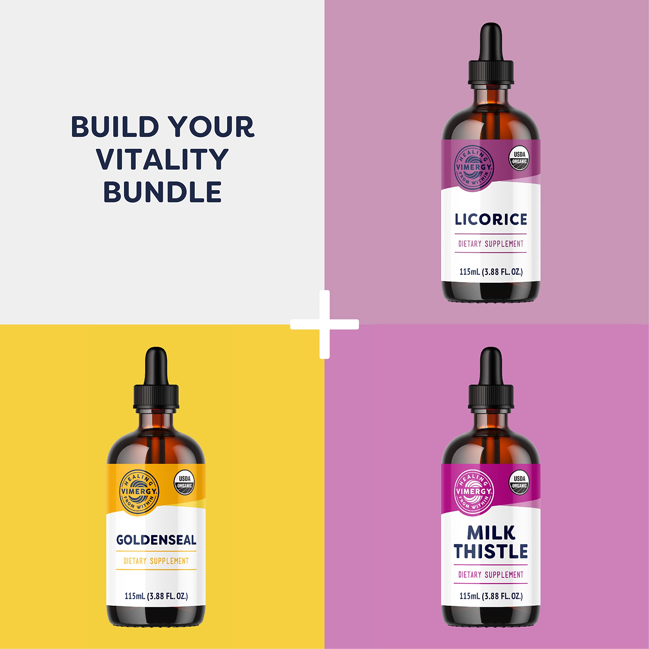 Product packaging and Vimergy Olive Leaf Liquid bottle on display