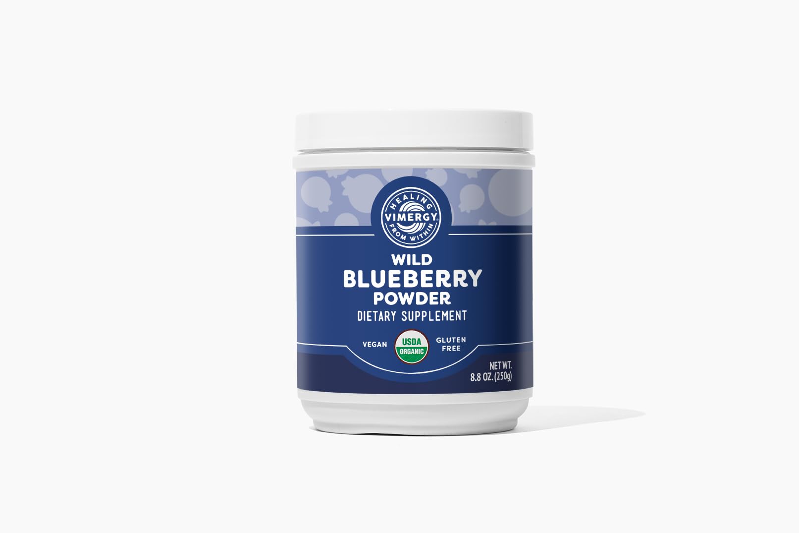 Front view of Vimergy Wild Blueberry Powder 250g container