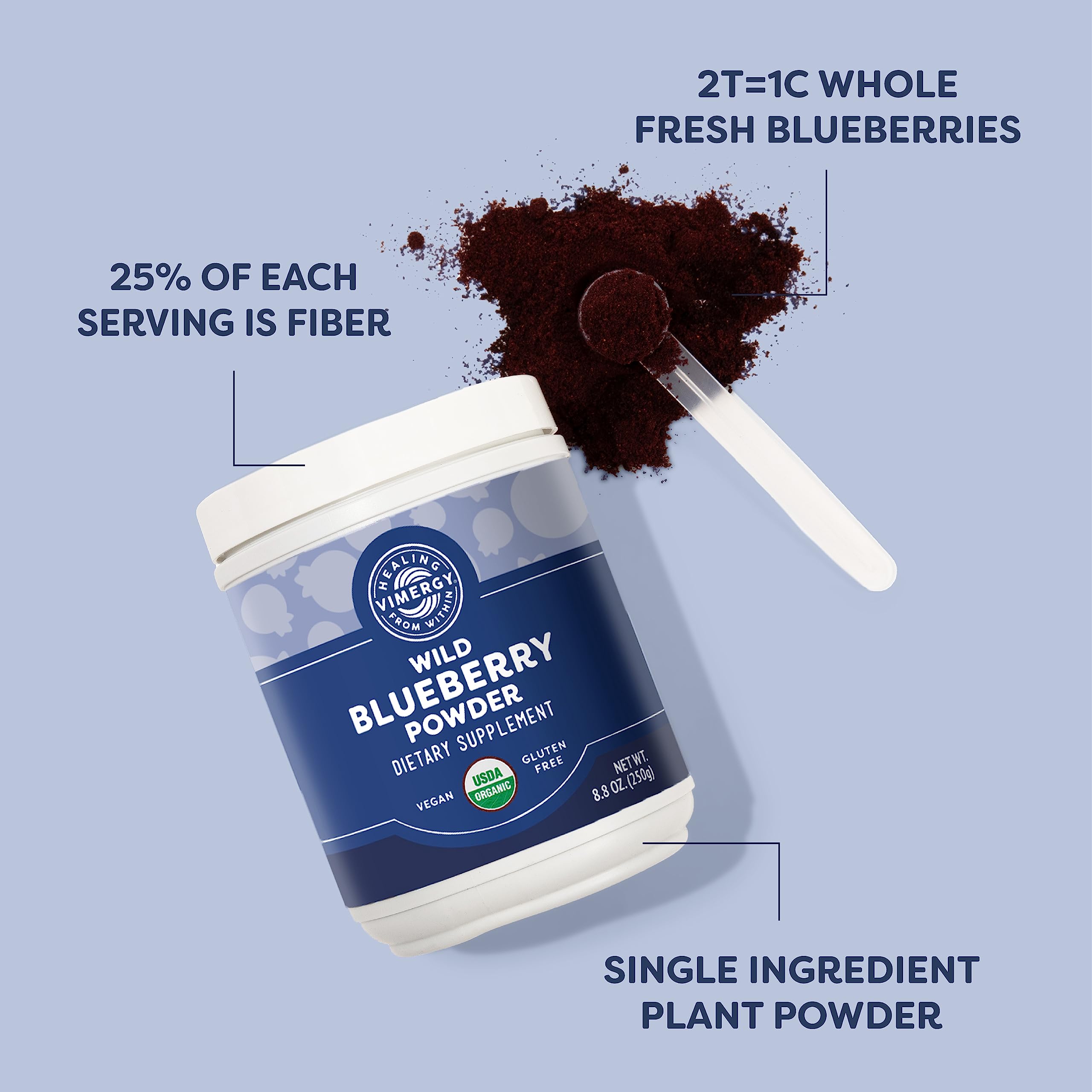 Organic lowbush wild blueberries used in Vimergy powder