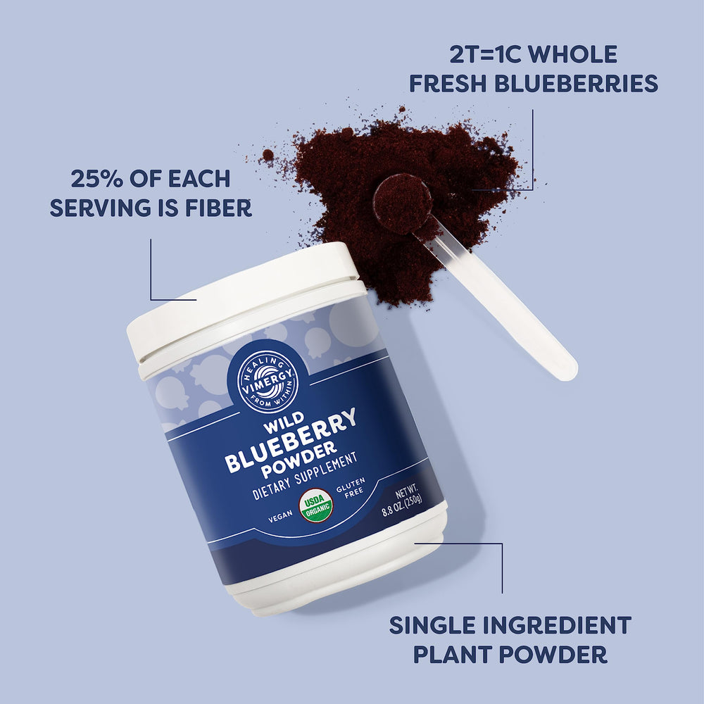 Organic lowbush wild blueberries used in Vimergy powder