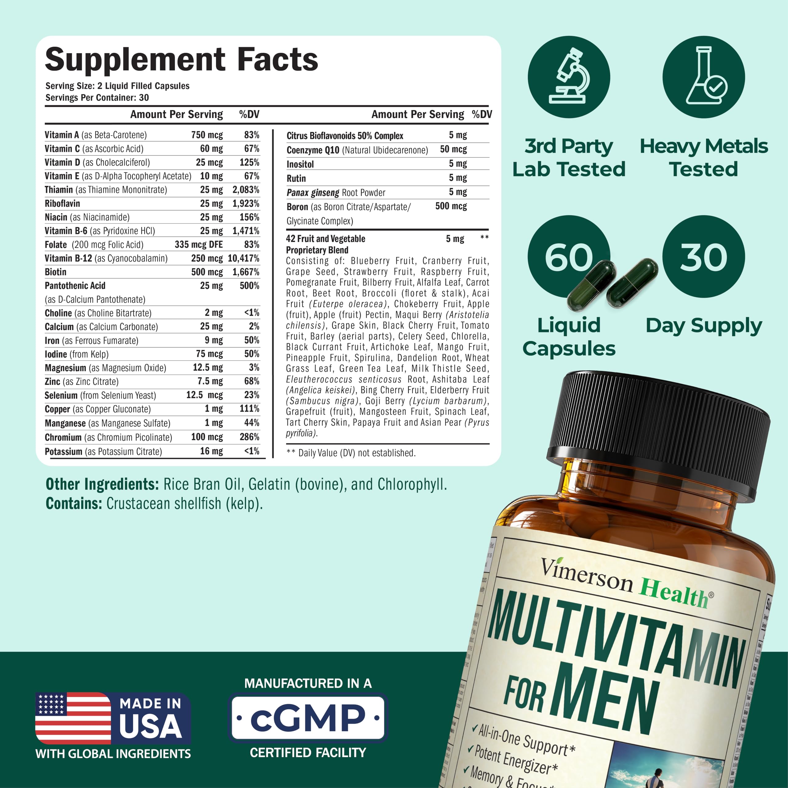 Vimerson Health Men Multivitamin liquid capsules close-up shows easy-to-swallow format
