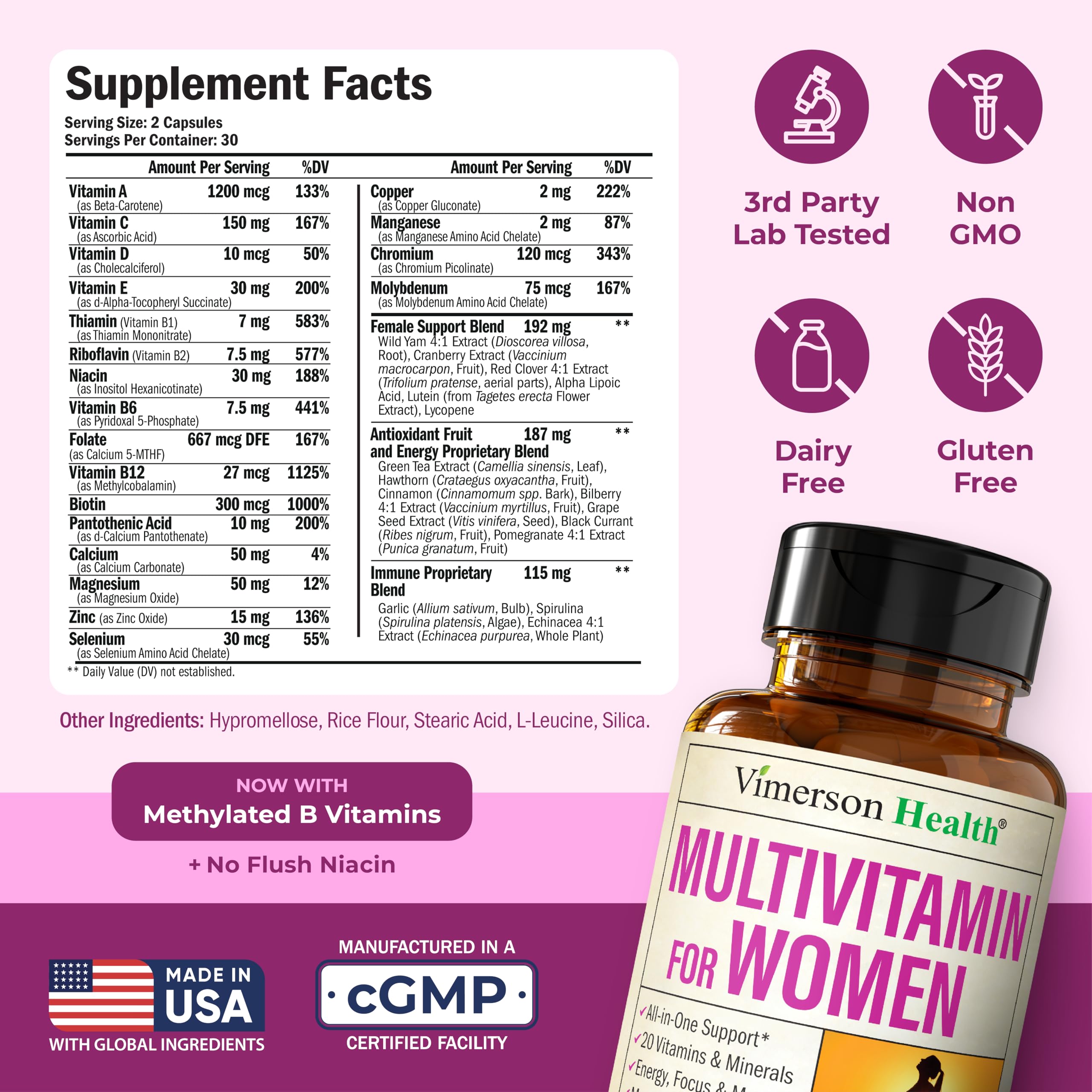 Close-up label shows methylated B vitamins for easy absorption.