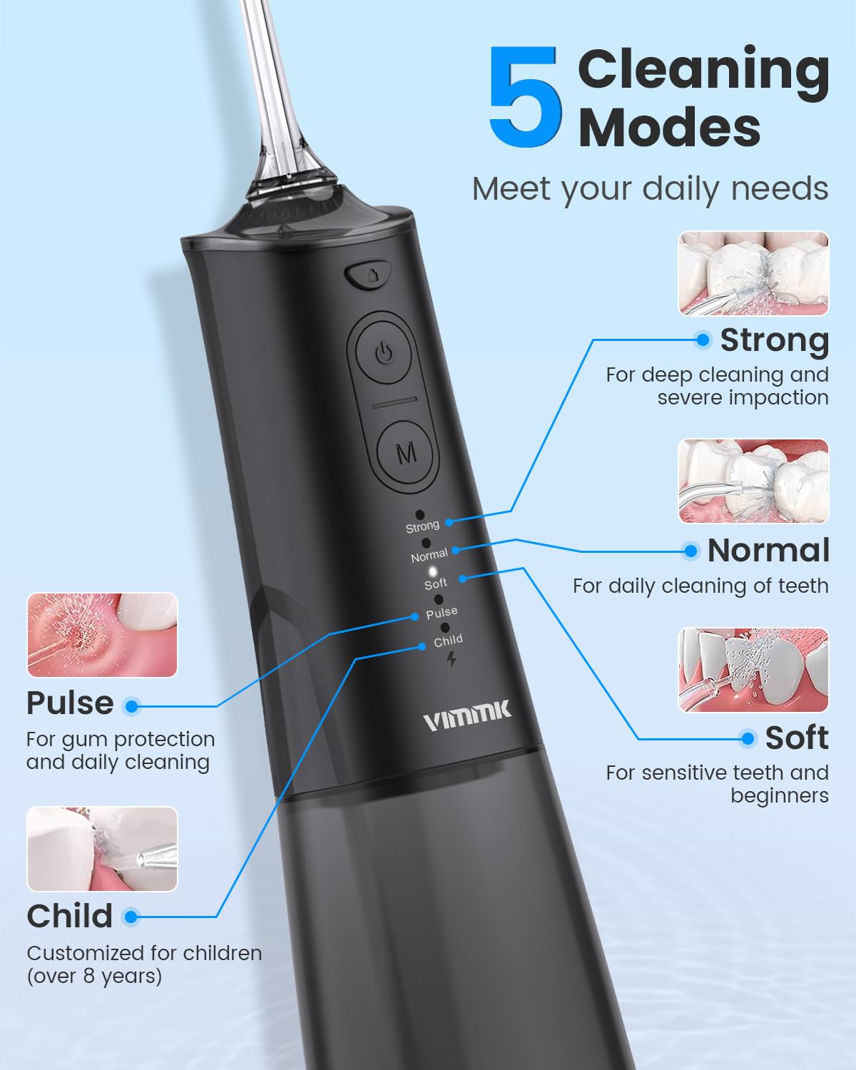 VIMMK water flosser with five cleaning modes