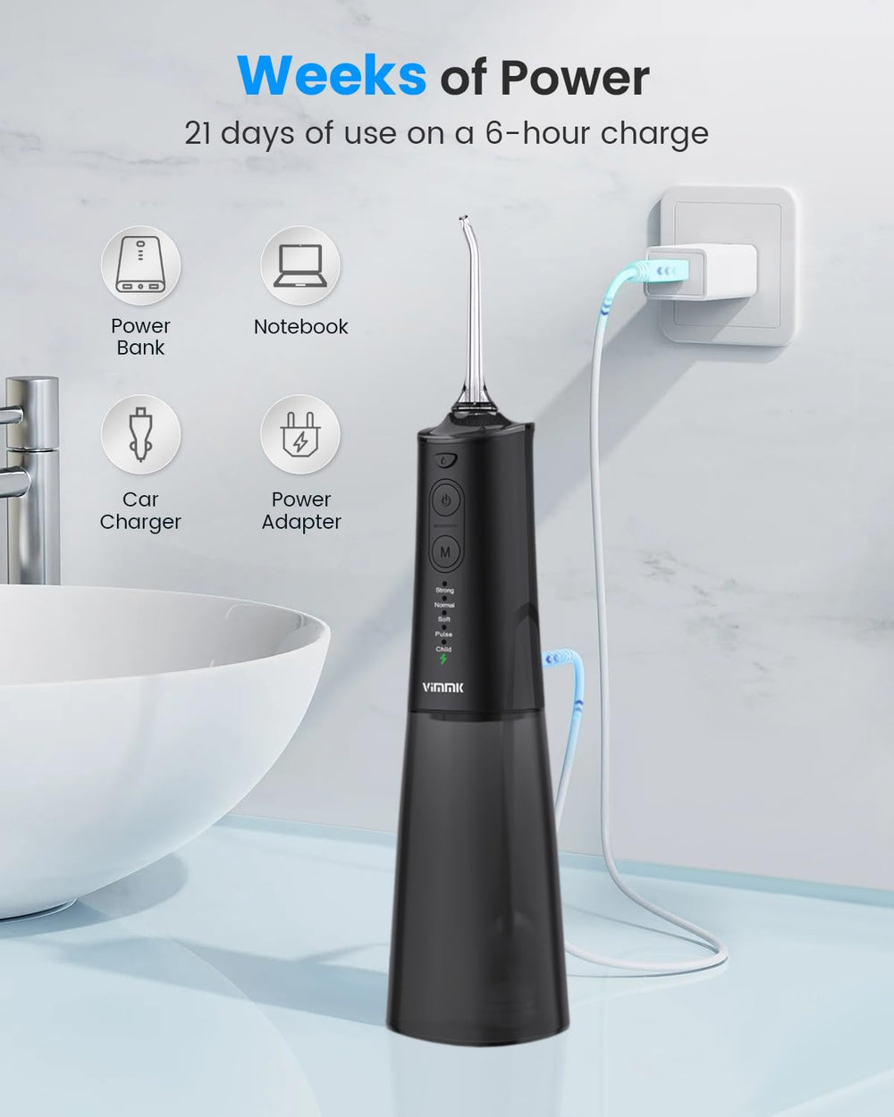 Open box view of VIMMK water flosser contents