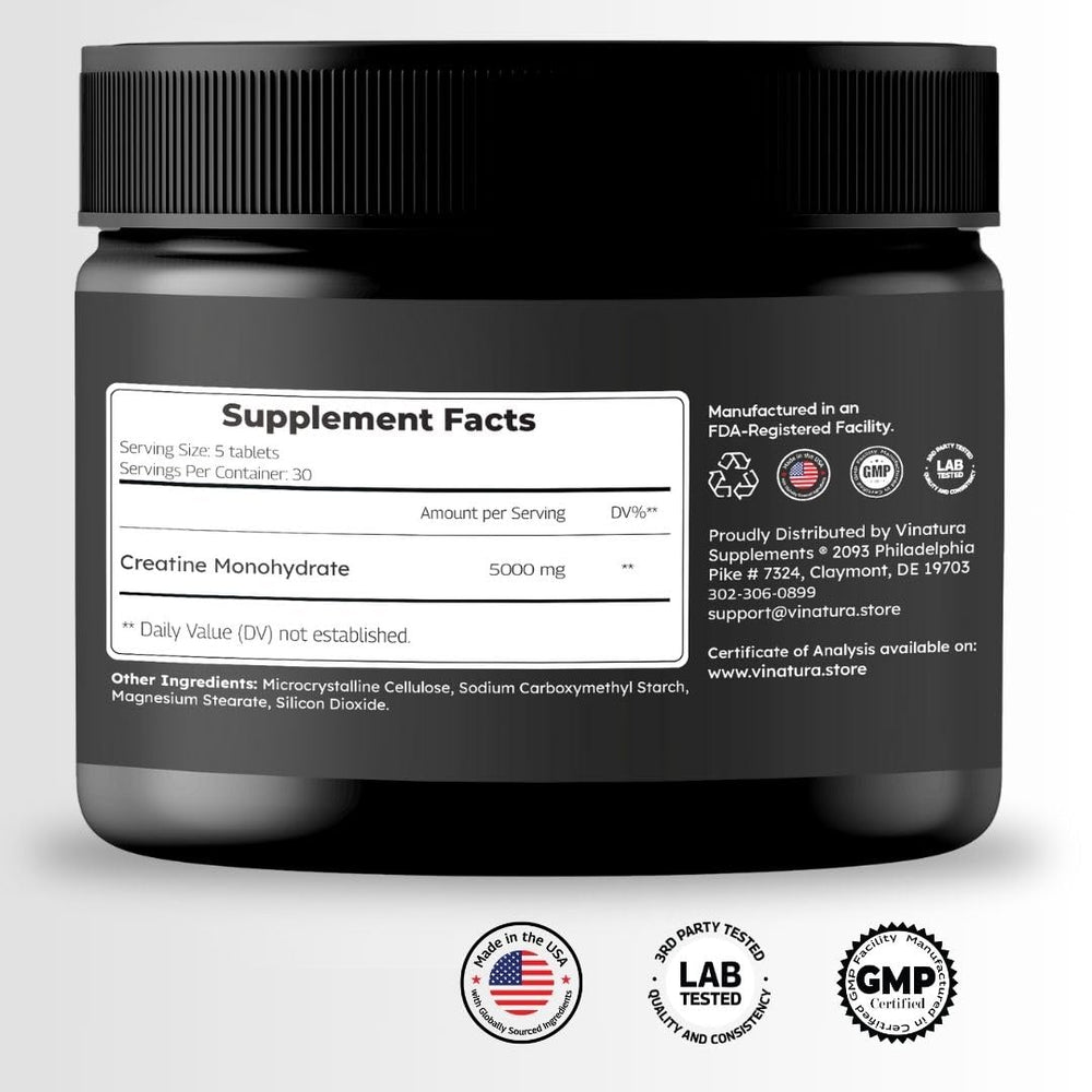 Close-up of VINATURA Creatine Monohydrate Pills capsules