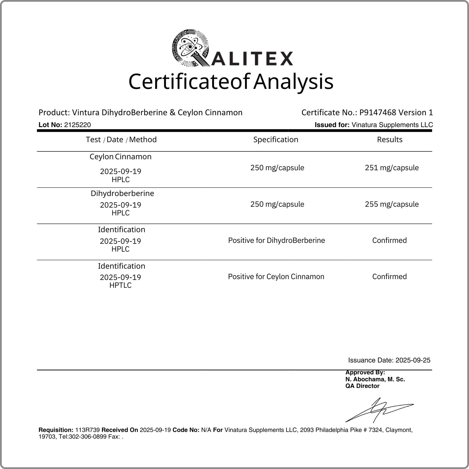 Third-party tested in USA for VINATURA Dihydroberberine Cinnamon