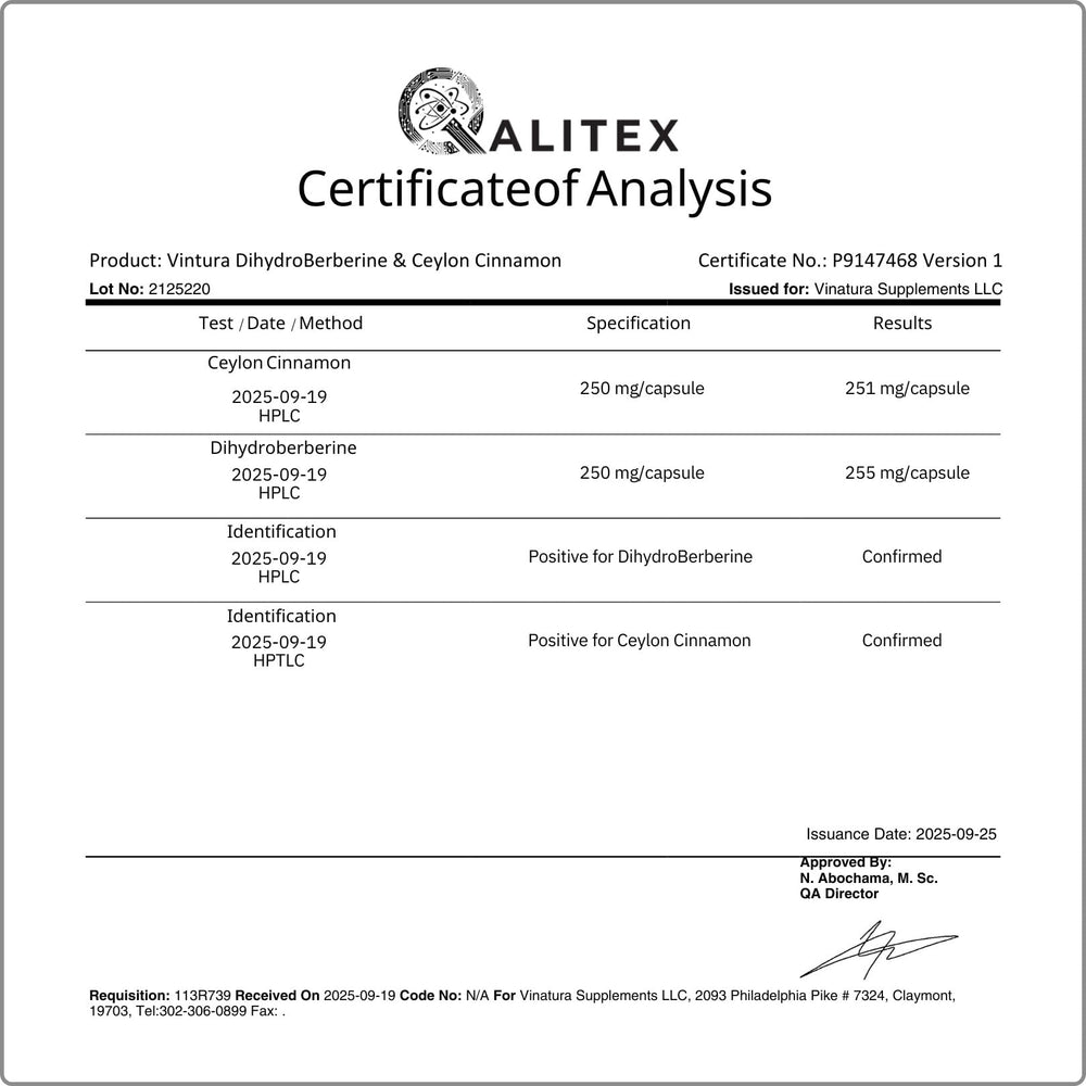 Third-party tested in USA for VINATURA Dihydroberberine Cinnamon