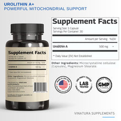 Back label on VINATURA Urolithin A 500mg bottle