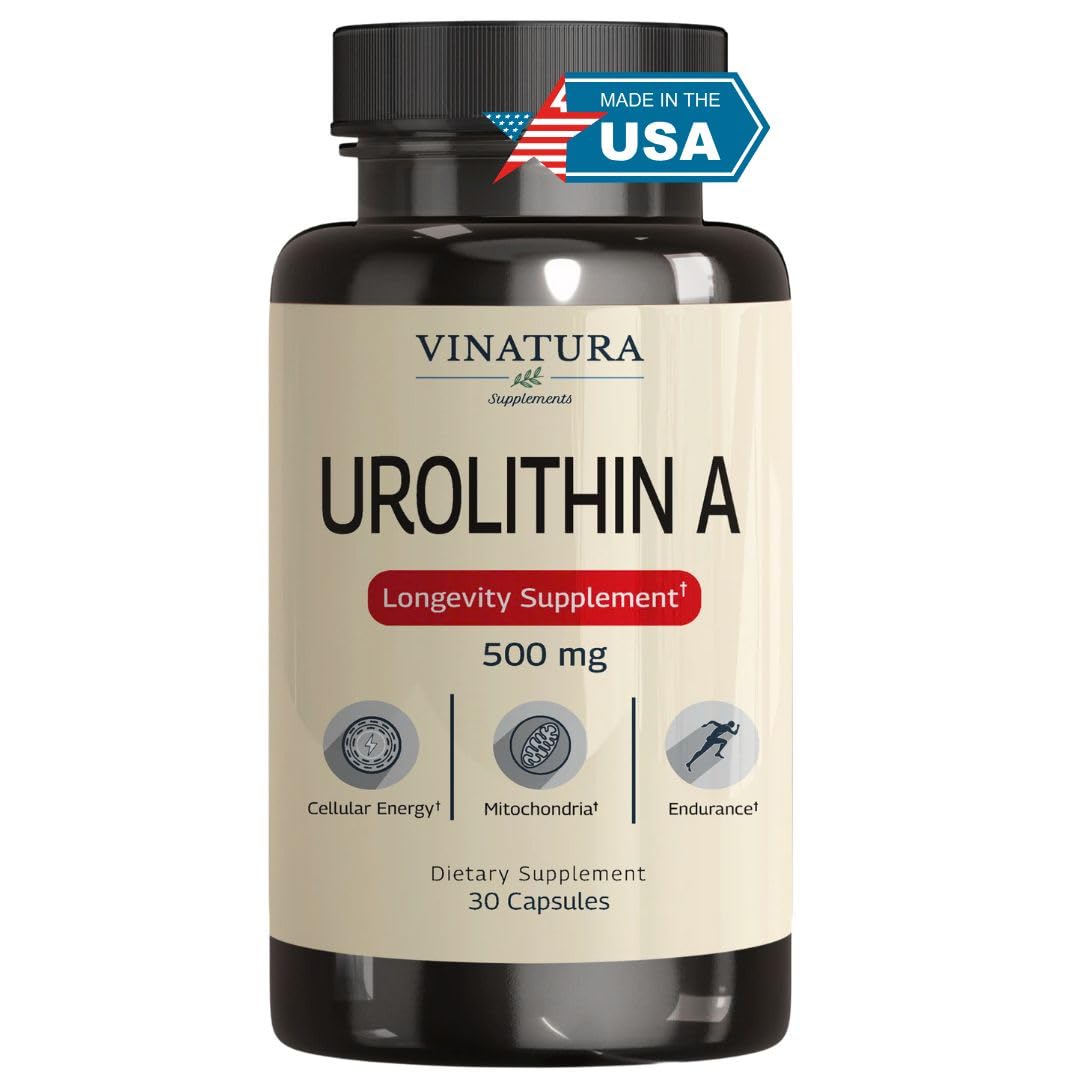 Front view of VINATURA Urolithin A 500mg bottle