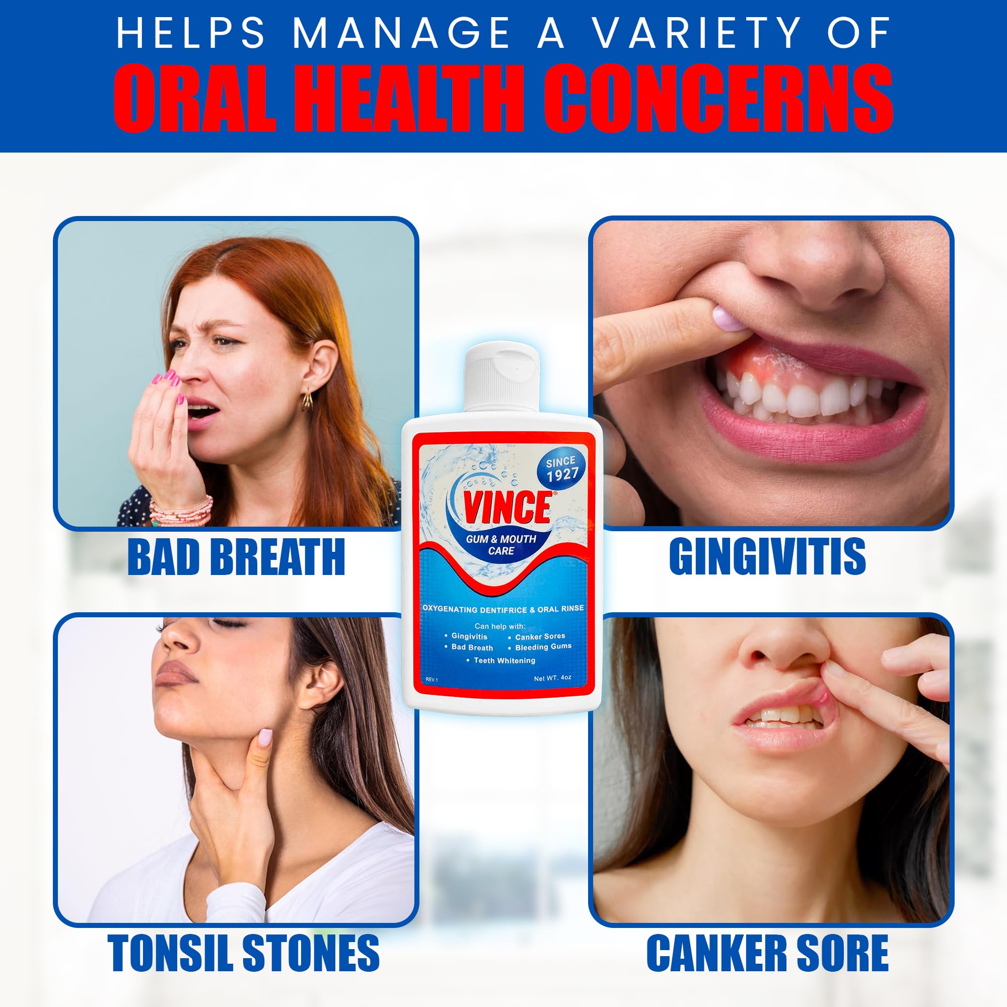 Illustrated step-by-step use of Vince Gum Mouth Powder