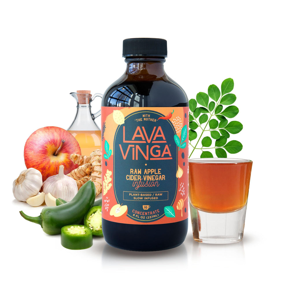 Front view of VINGA Lava Raw Apple Cider Vinegar with Moringa 8 oz bottle