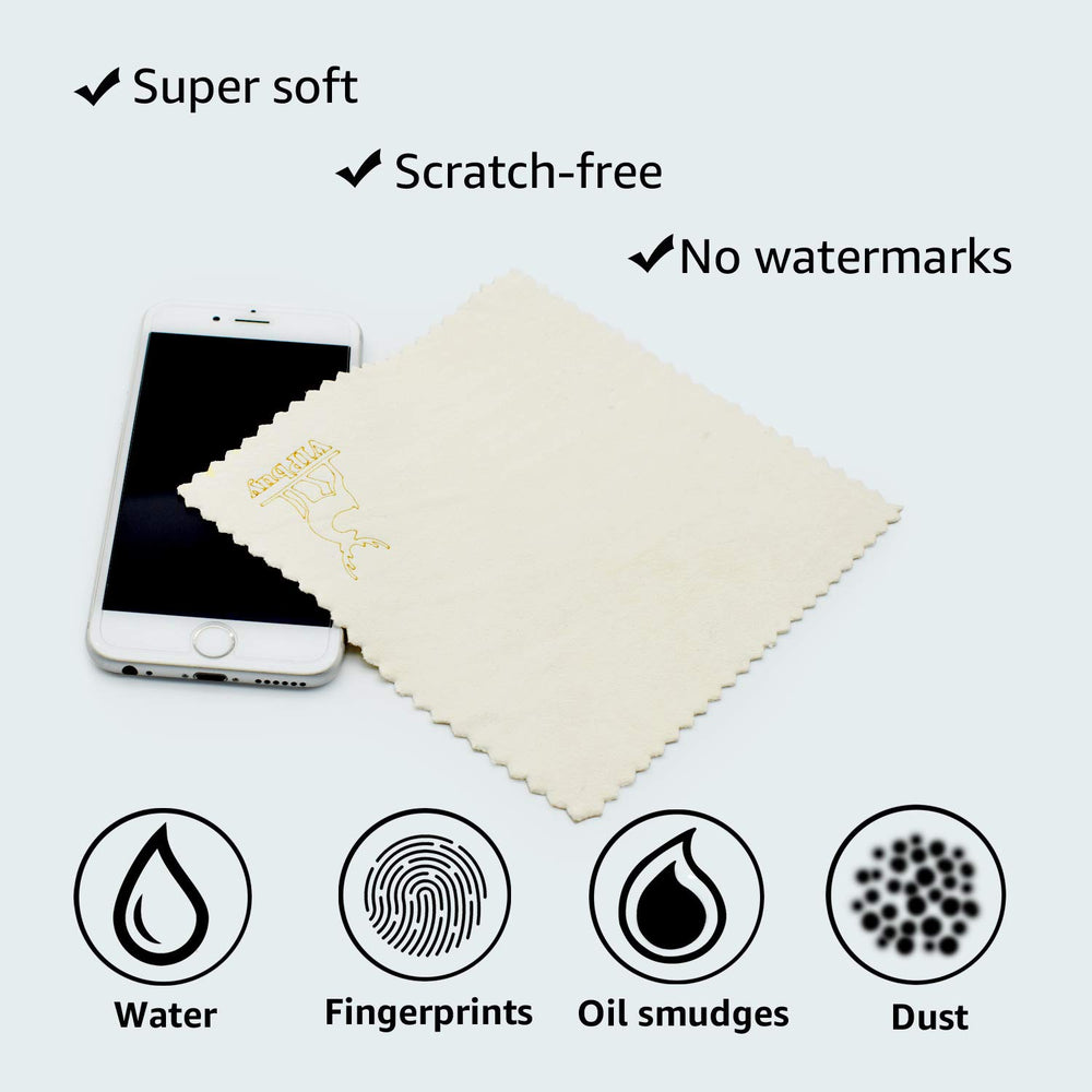 Soft, scratch-free chamois cloth absorbing water on lenses