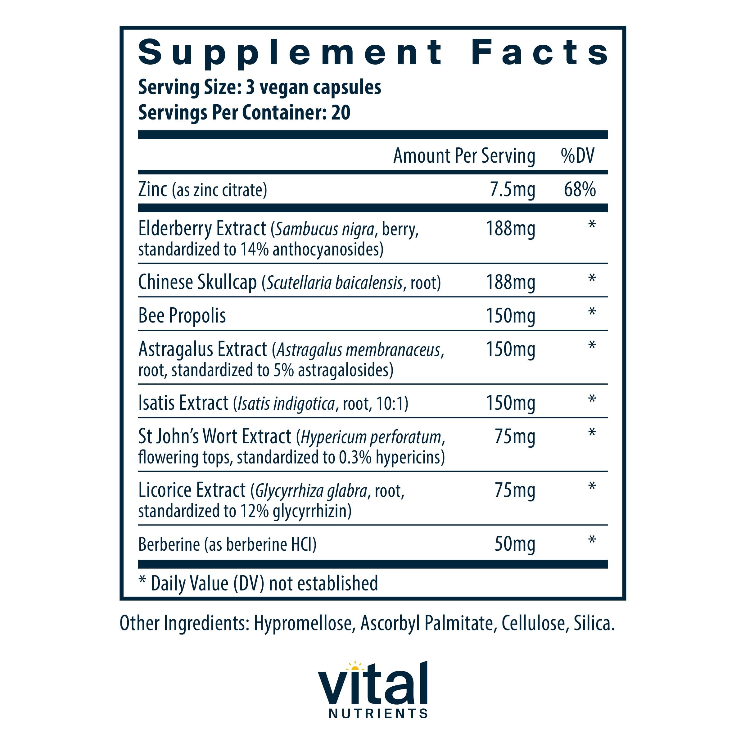 ViraCon ingredients panel showing elderberry, zinc, and licorice root