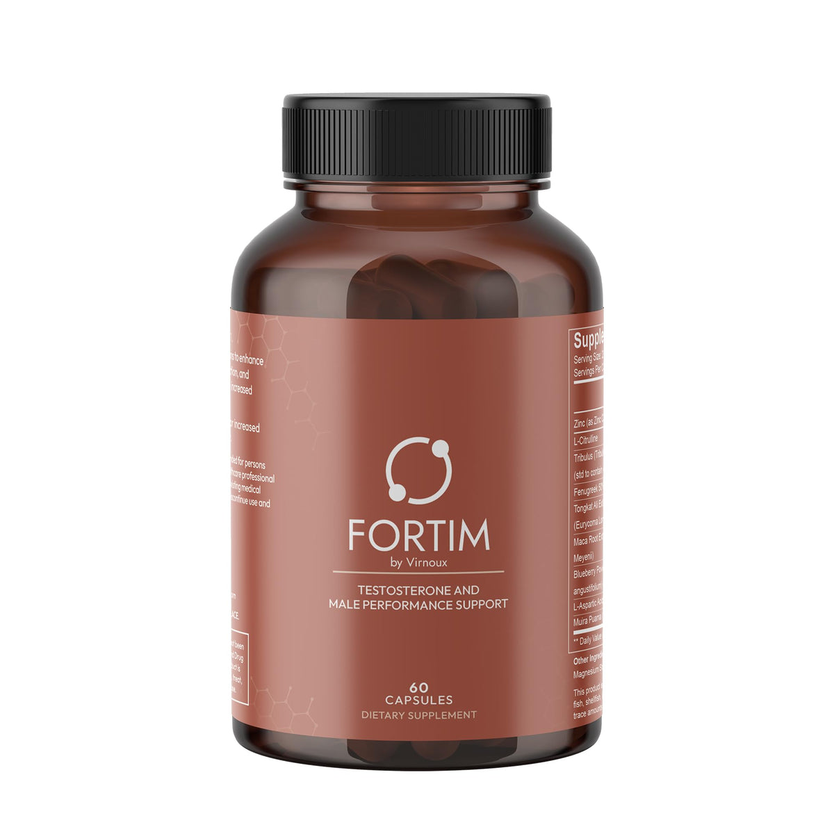 VIRNOUX Fortim bottle-front demonstrates premium testosterone support for sustained energy.