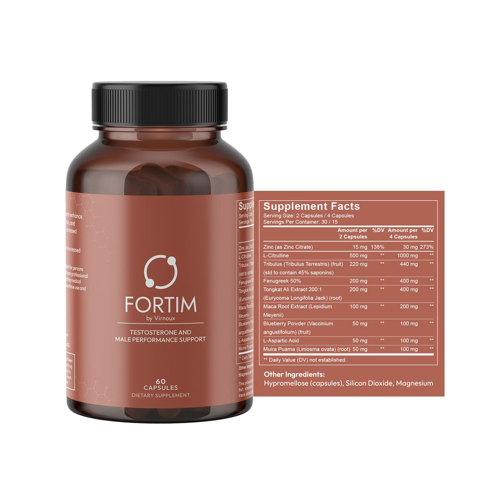 VIRNOUX Fortim bottle-front demonstrates premium testosterone support for sustained energy.
