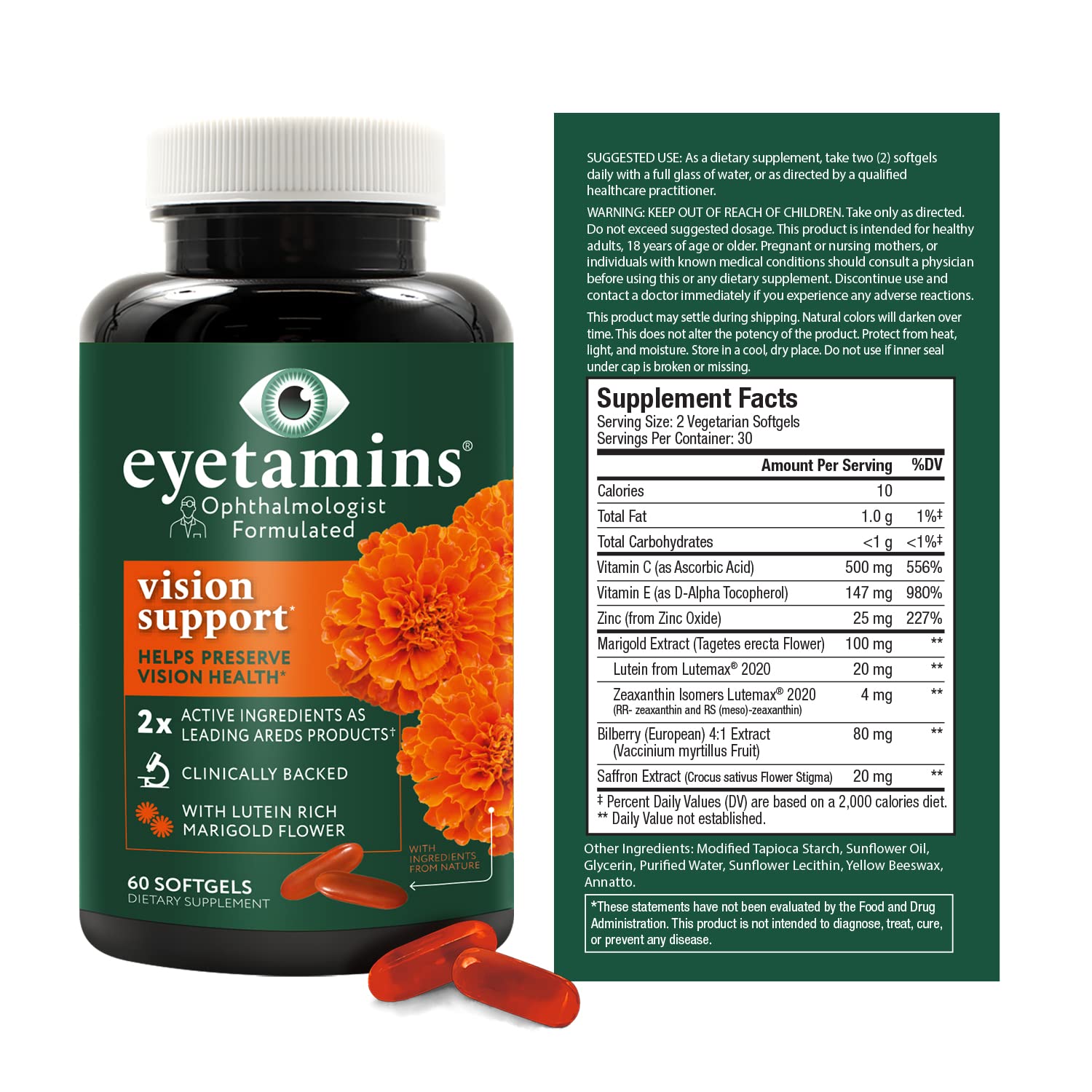 Ingredient panel highlighting lutein and zeaxanthin