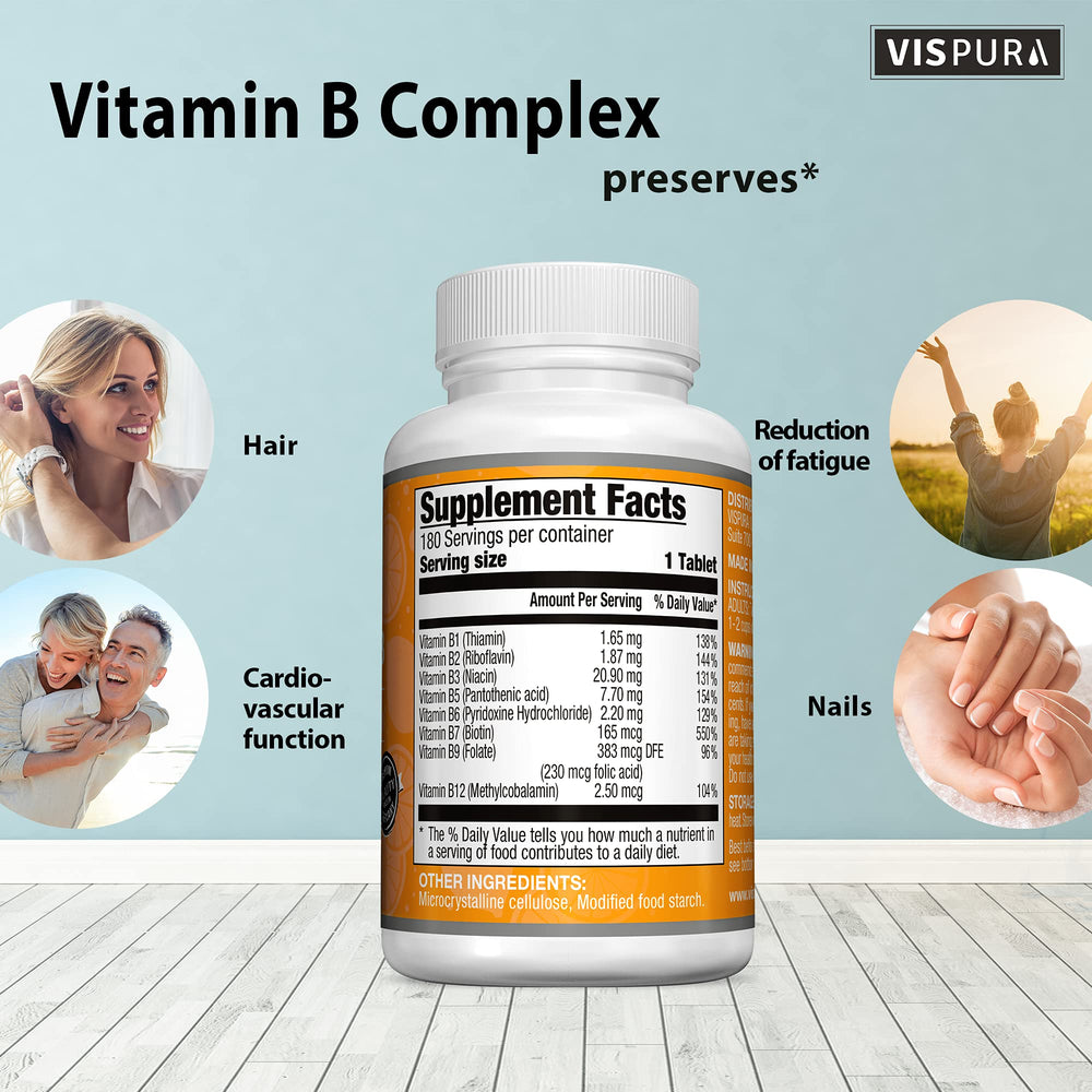 Close-up of bottle label highlighting B vitamins