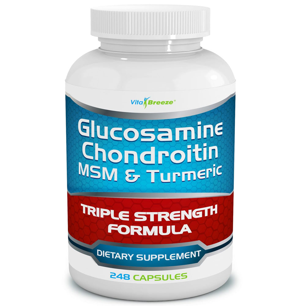 Front view of VitaBreeze Glucosamine Chondroitin MSM Turmeric 248 Capsules bottle