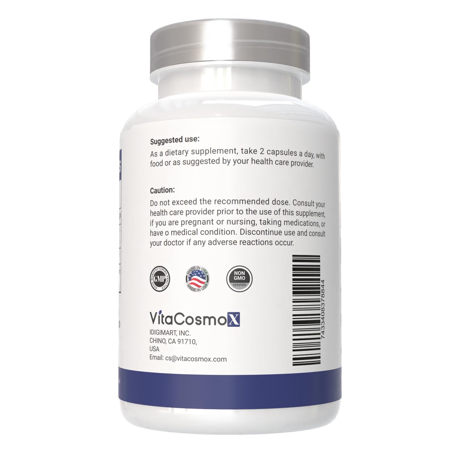 180 vegetarian capsules inside the VitaCosmoX bottle