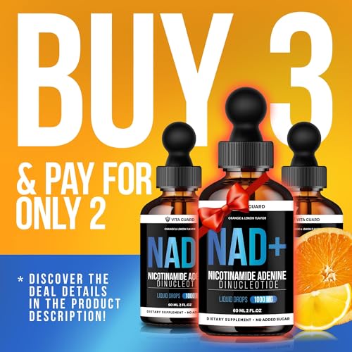 Close-up of NAD+ drops with lemon and orange flavor imagery