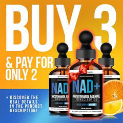Close-up of NAD+ drops with lemon and orange flavor imagery