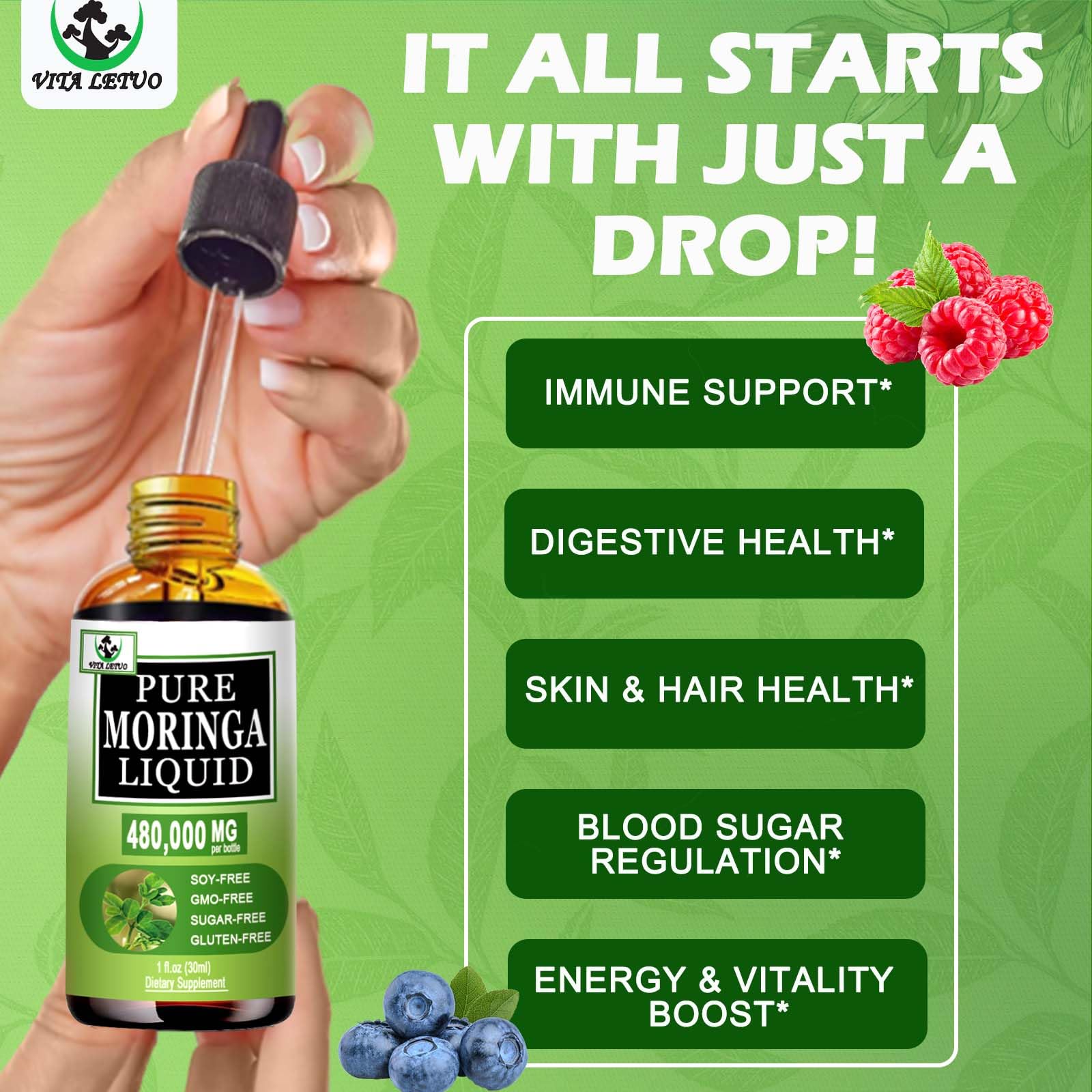 Close-up of Vita Letuo Moringa Liquid Drops highlighting 800mg extract potency.
