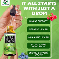 Close-up of Vita Letuo Moringa Liquid Drops highlighting 800mg extract potency.