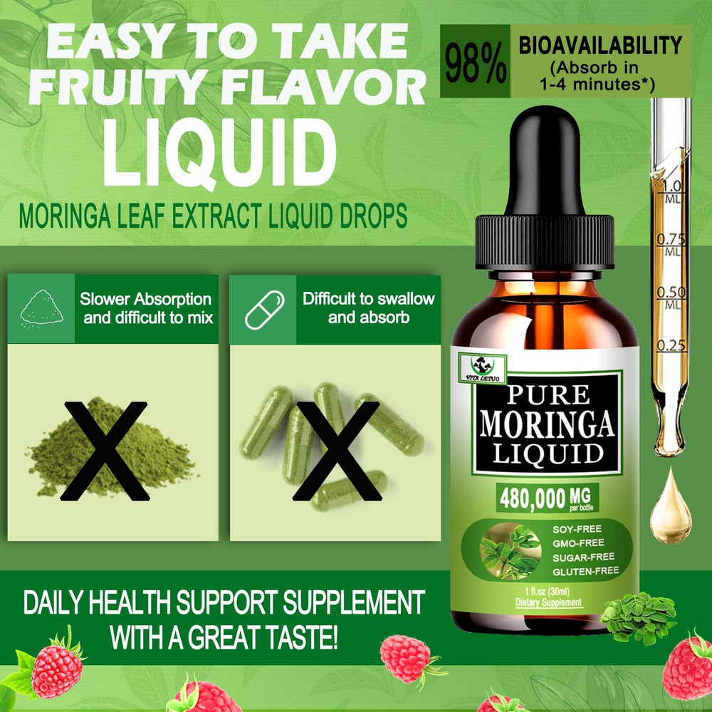 Vita Letuo moringa bottle with greens, signaling immune and vitality benefits.