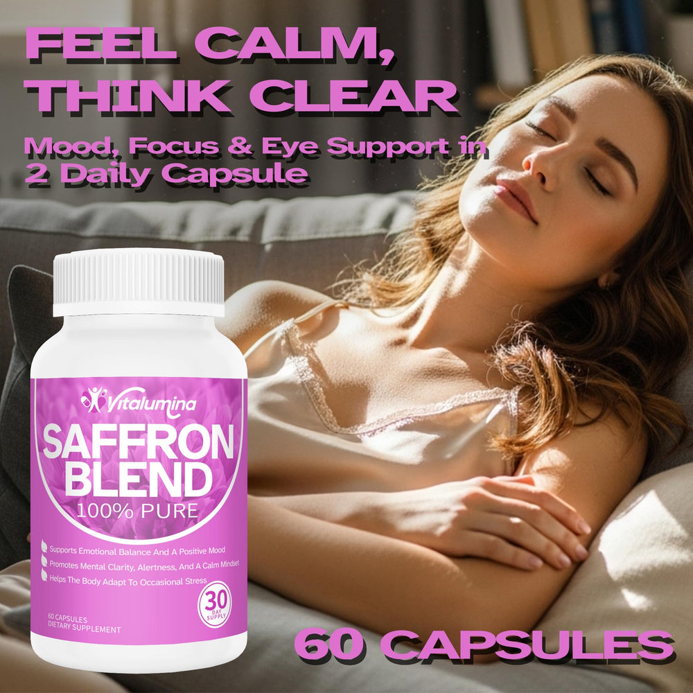 Close-up of saffron supplement capsules and bottle highlighting 88mg saffron extract