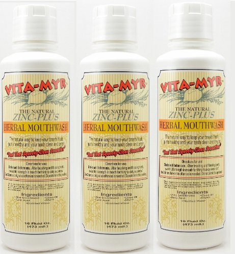 Three bottles of VITA-MYR 16 oz Zinc-Plus Mouthwash in a 3-pack (front view)