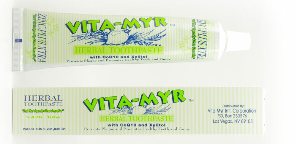 Close-up of Vita-Myr Zinc+ Toothpaste tube with mint flavor