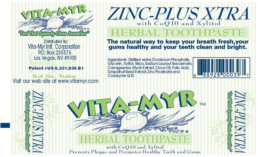 Vita-Myr Zinc+ Toothpaste ingredients and packaging highlights