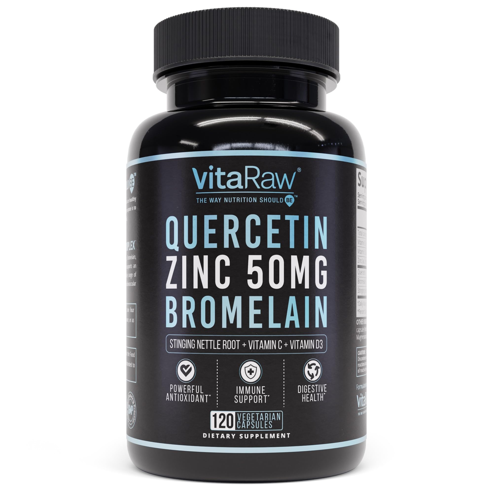 Front view of VitaRaw Quercetin with Bromelain 500mg capsules bottle on white background