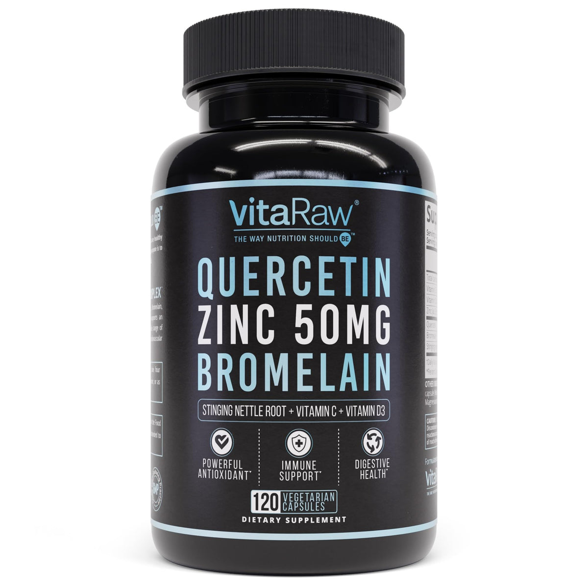 Front view of VitaRaw Quercetin with Bromelain 500mg capsules bottle on white background