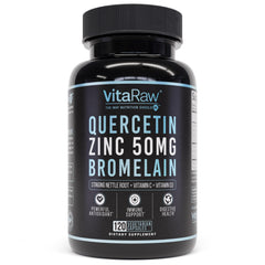 Front view of VitaRaw Quercetin with Bromelain 500mg capsules bottle on white background
