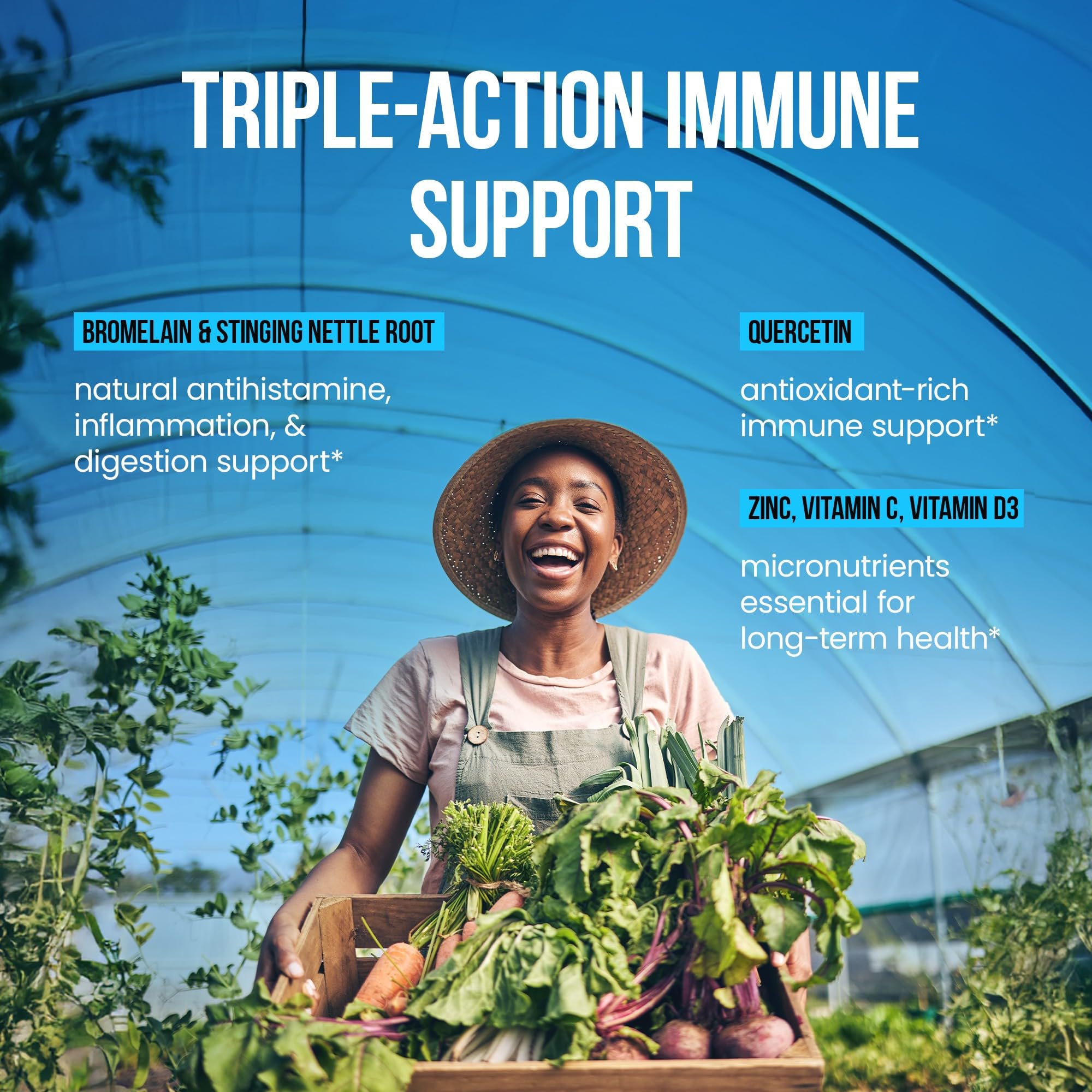 Immune support emphasis with quercetin, bromelain, vitamin C, zinc, and vitamin D3