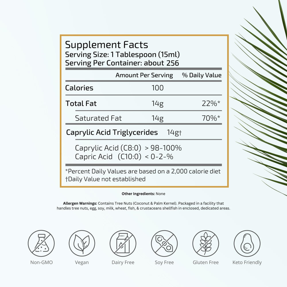 Side view of VitaTradingCo 100% Pure C8 MCT Oil bottle