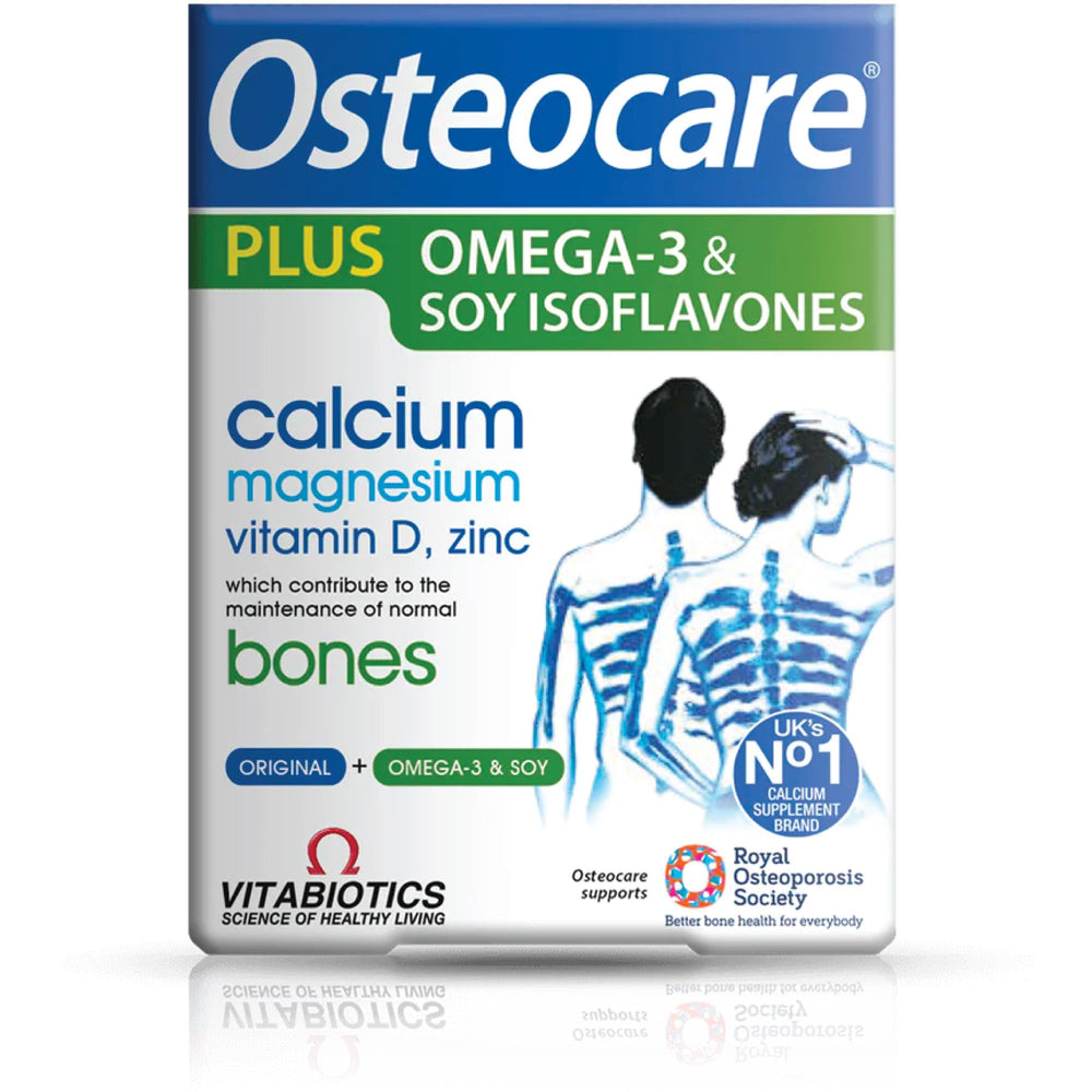 Front of Vitabiotics Osteocare Plus 2-in-1 box highlighting calcium and omega-3